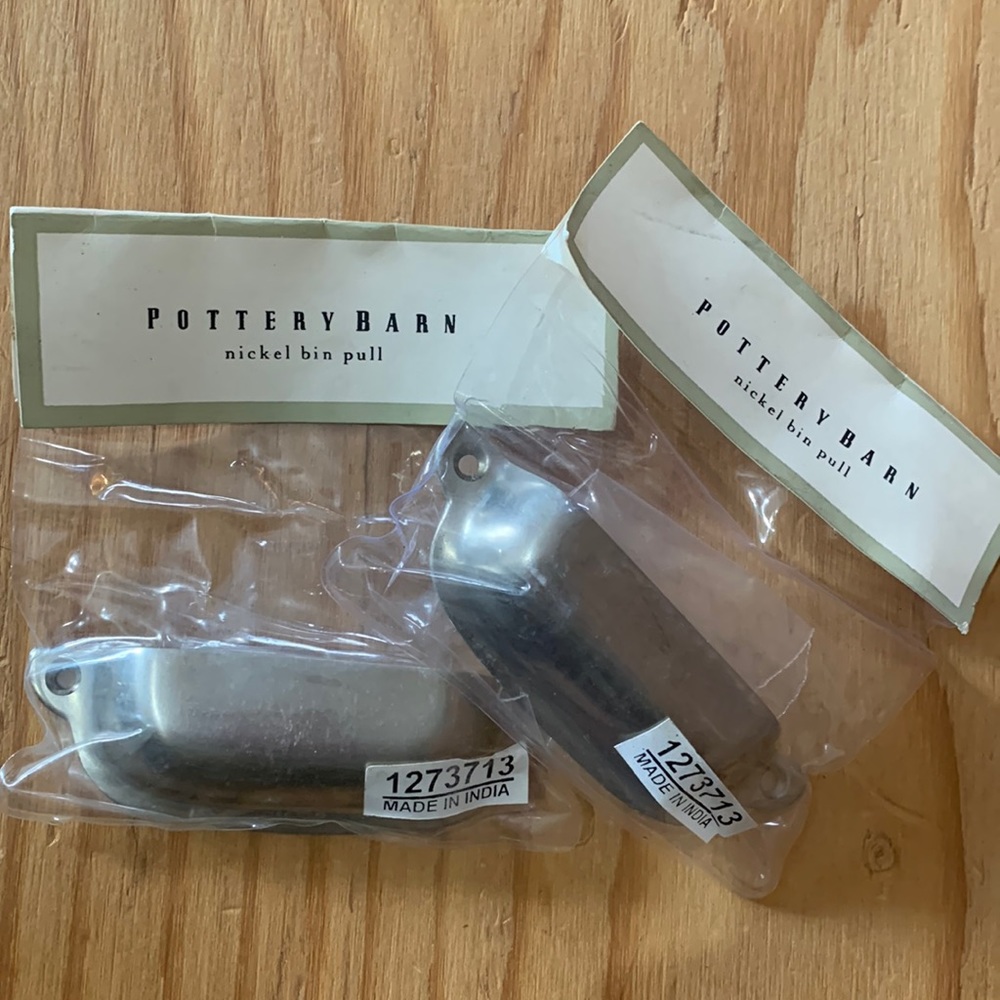 Pottery Barn.   Set of 2.  Nickel bin pull. Metal Cabinet hardware silvertone